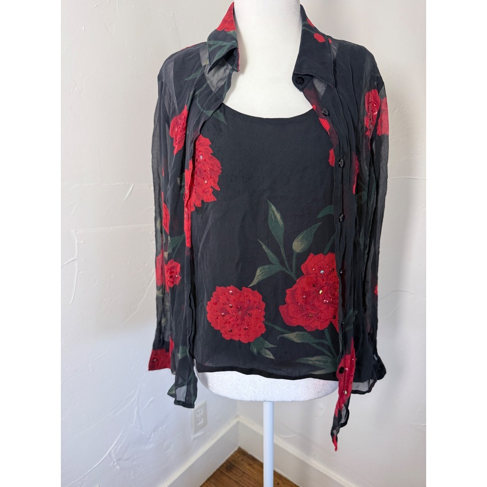 Vintage Robbie Bee 100% Silk 2 Piece Blouse Tank Set Black Red Rose Sequin 12